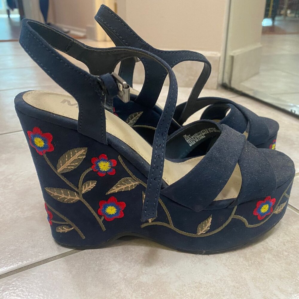 MIA Navy Blue Floral Embroidered Platform Wedge Sandals